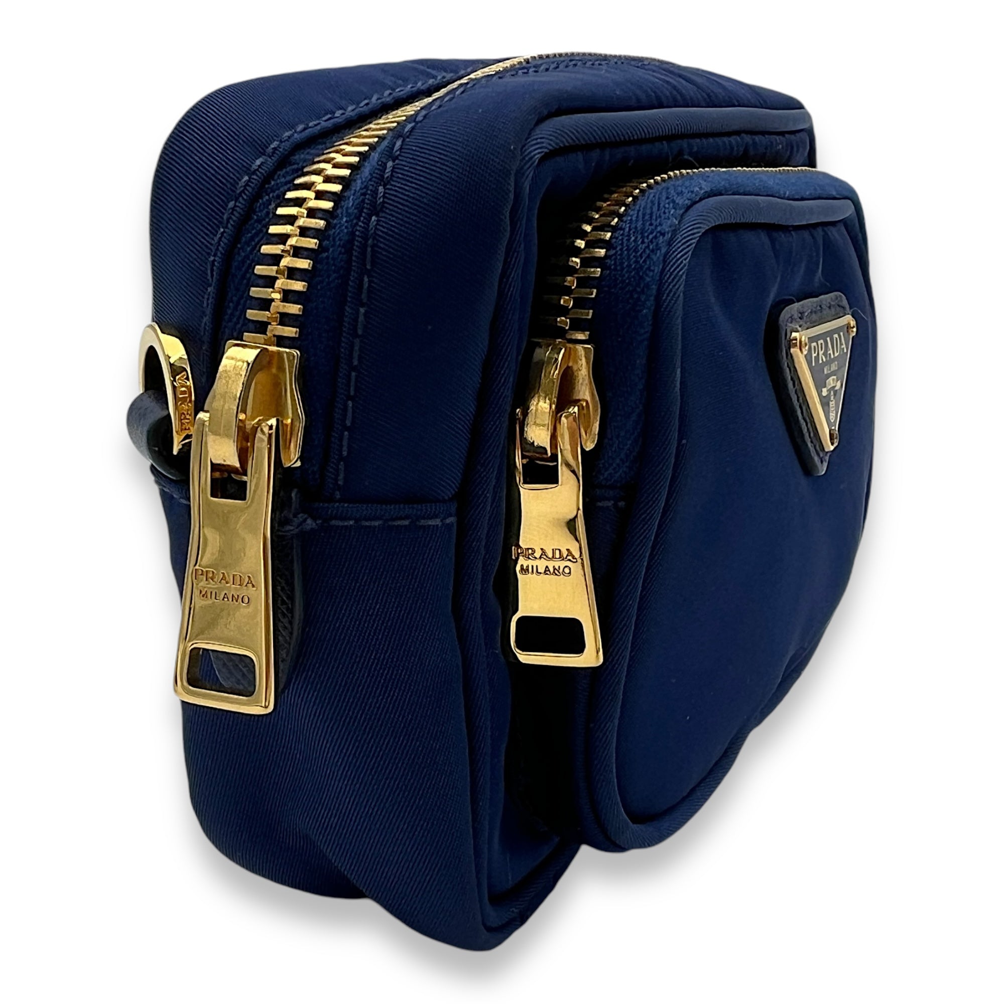 Prada Convertible Wristlet Blue Crossbody Bag in Nylon Gold hardware Singapore