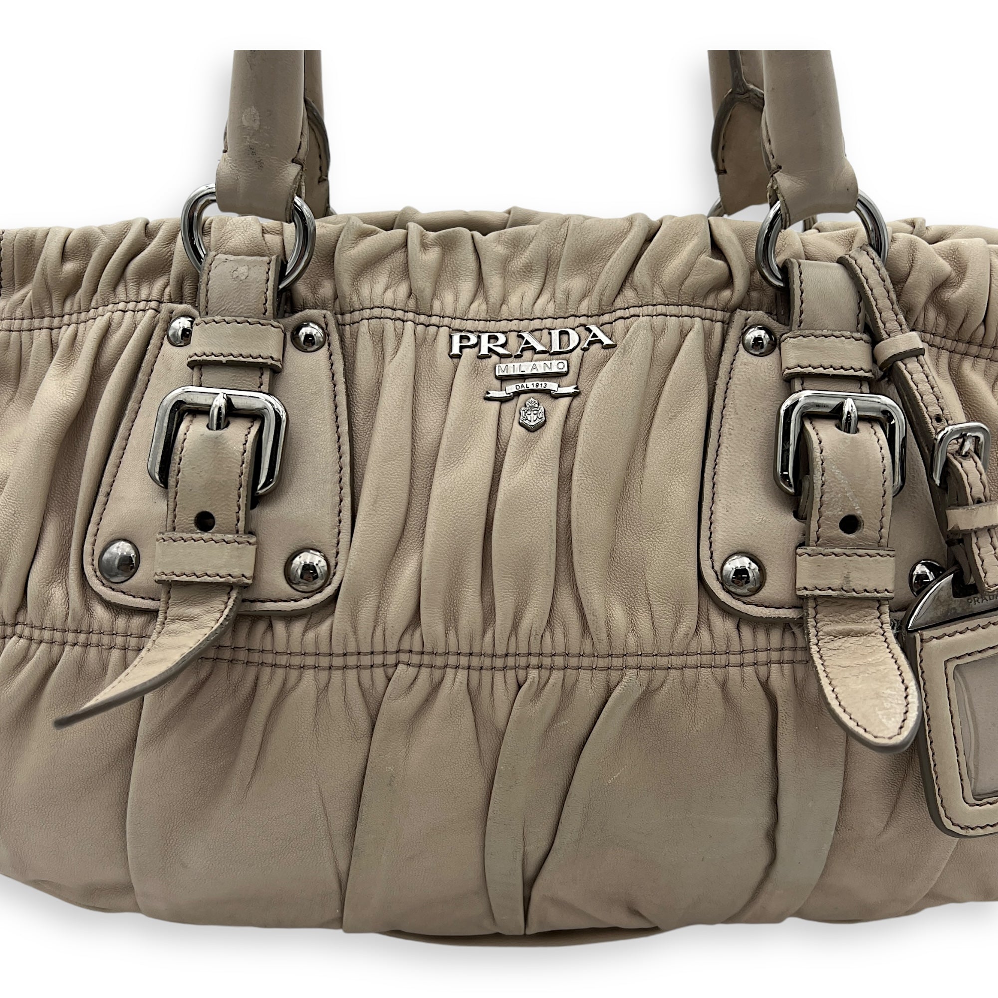 Gaufre Satchel Beige Top Handle Bag in Lambskin, Silver hardware