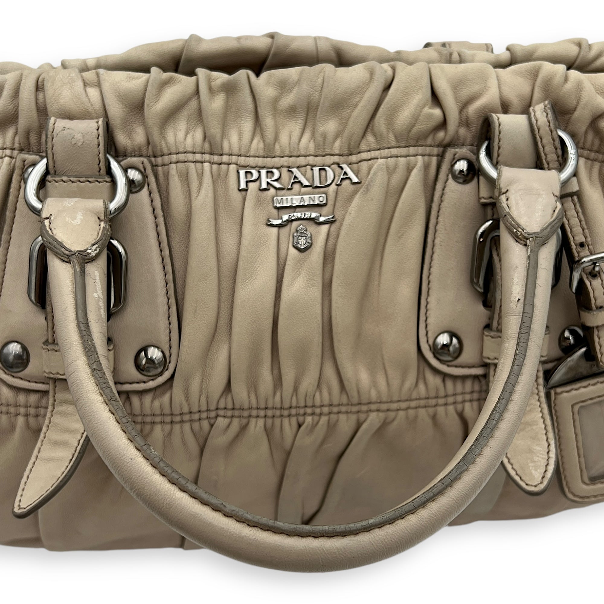Gaufre Satchel Beige Top Handle Bag in Lambskin, Silver hardware