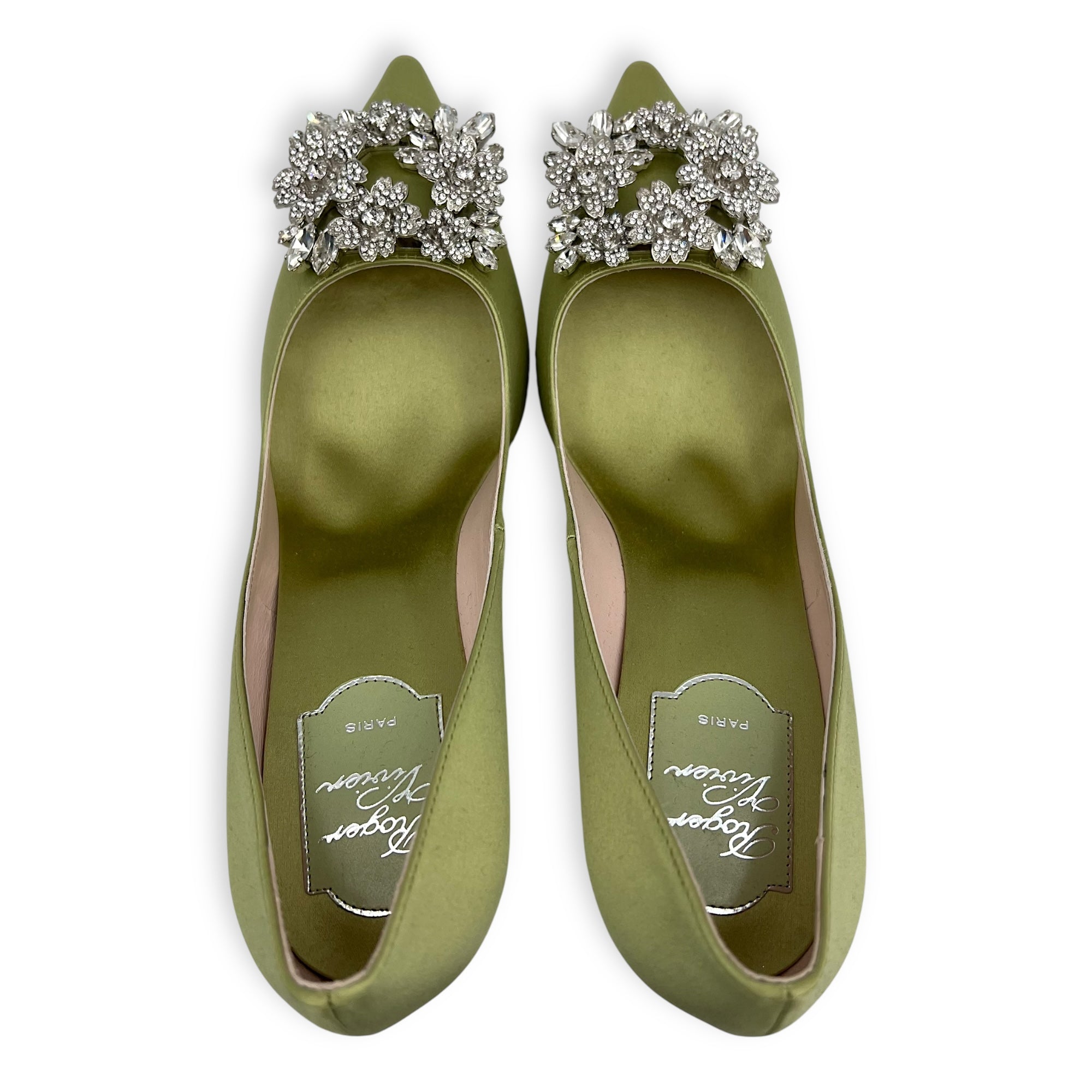 Roger Vivier Bouquet Strass 85 38 Green Heels in Satin, Silver hardware_1