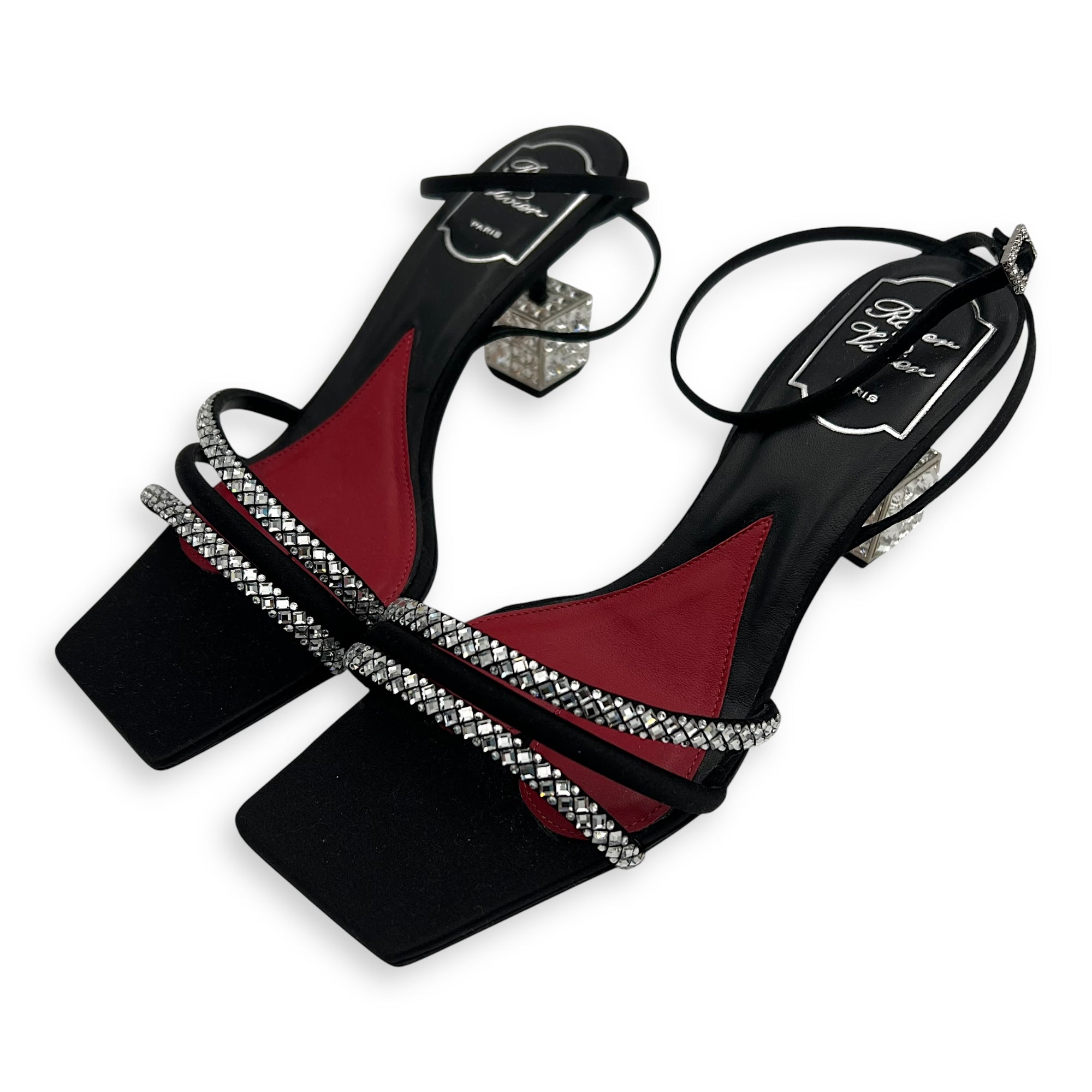 Roger Vivier Cube Strass Heel Bling Sandal 75 38 Black Heels in Calfskin, Silver hardware_2