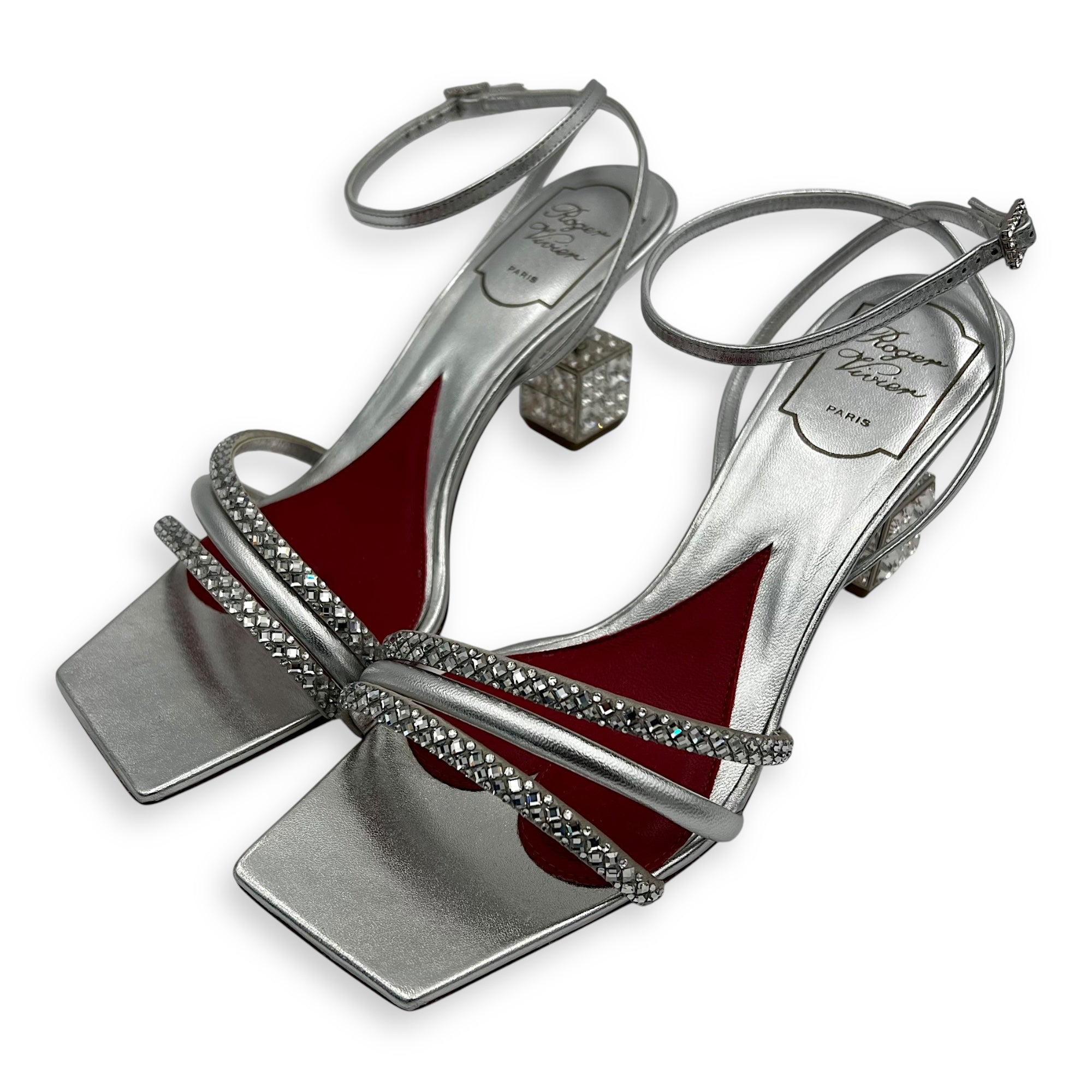 Roger Vivier Cube Strass Heel Bling Sandal 75 Heels 38 Silver in Calfskin, Silver hardware_3