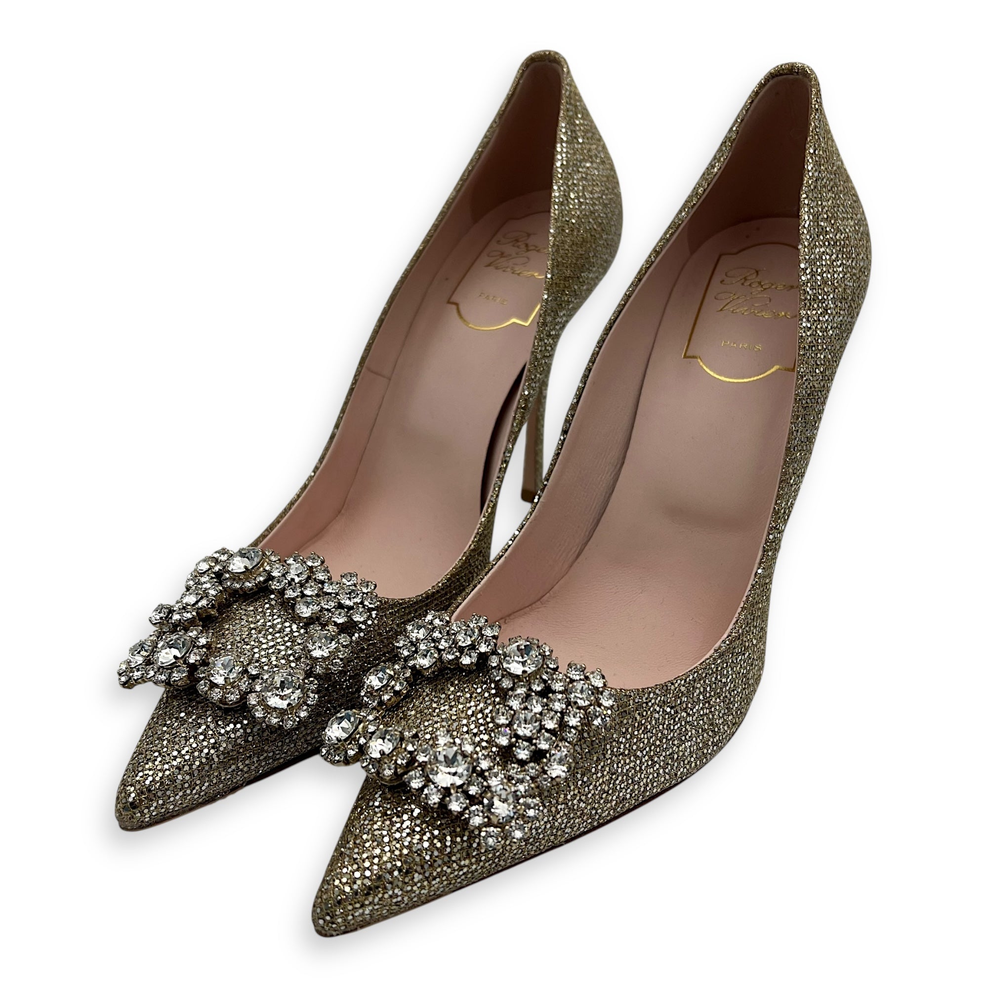 Roger Vivier Efflorescence Flower Strass 100 Heels 38.5 Gold in Glitter, Gold hardware_2