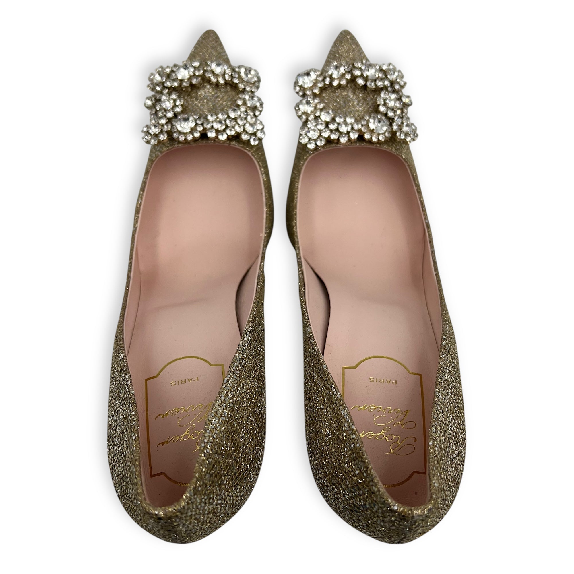 Roger Vivier Efflorescence Flower Strass 100 Heels 38.5 Gold in Glitter, Gold hardware_1