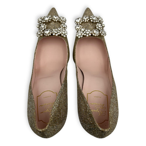 Roger Vivier Efflorescence Flower Strass 100 Heels 38.5 Gold in Glitter, Gold hardware_1