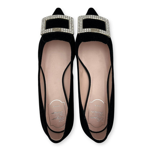 Roger Vivier Gommettine Strass Buckle Ballet 25 37 Black Shoes in Velvet, Silver hardware_1