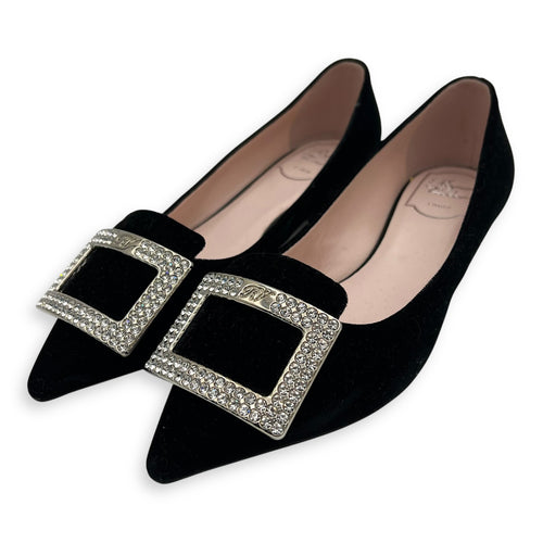 Roger Vivier Gommettine Strass Buckle Ballet 25 37 Black Shoes in Velvet, Silver hardware_2