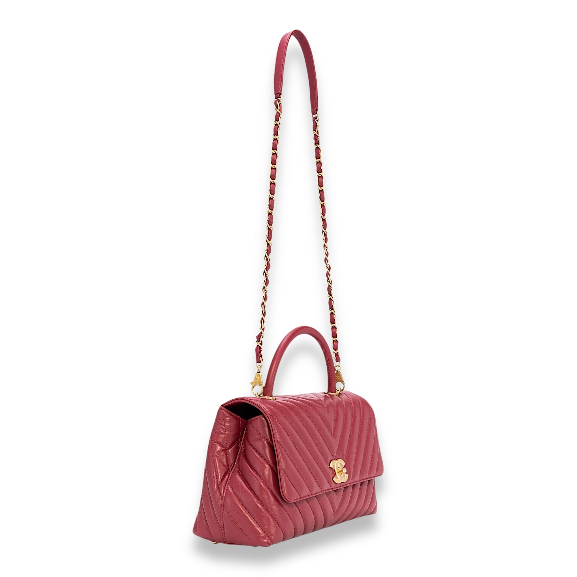 Coco Chevron Small Red Top Handle Bag in Calfskin, Gold hardware