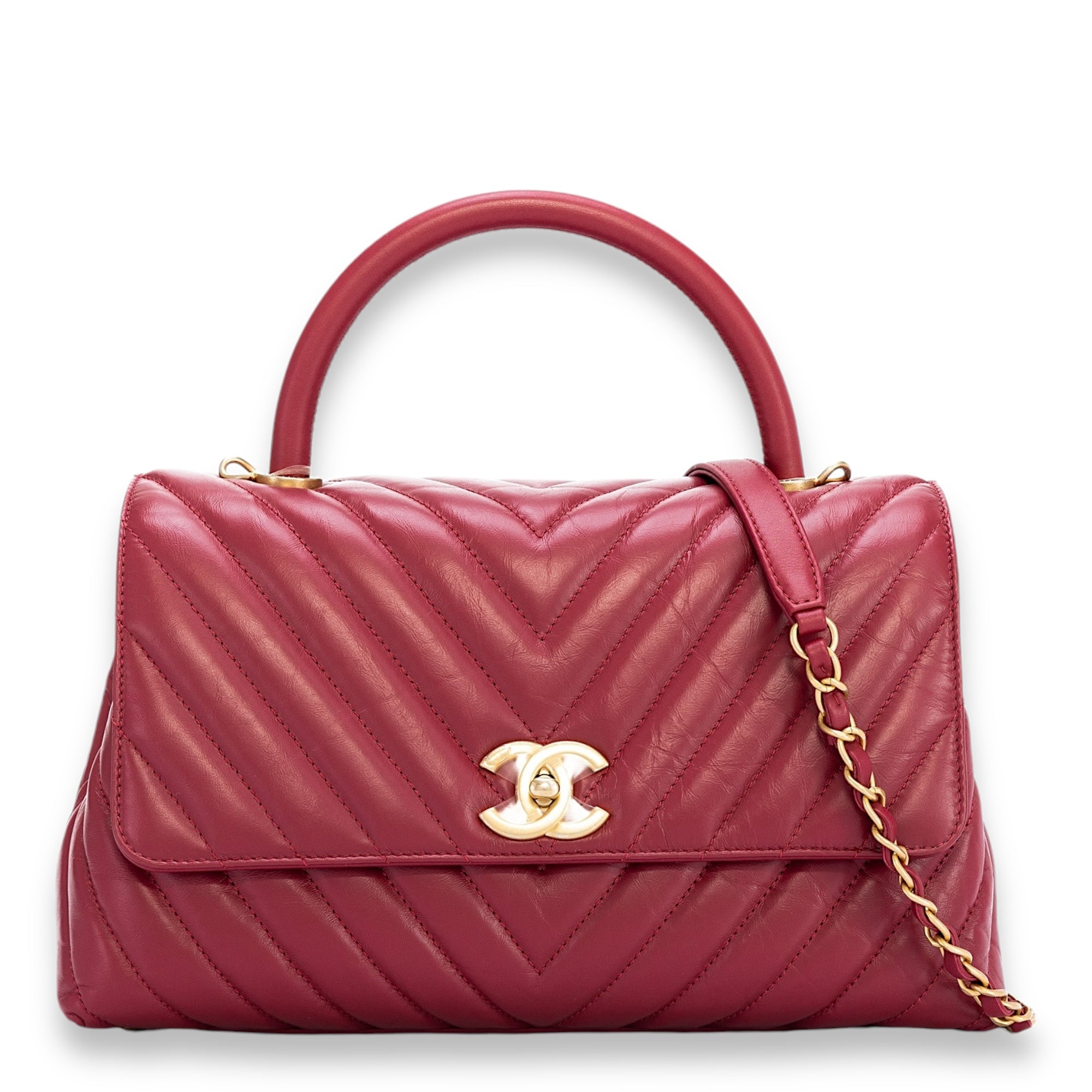 Coco Chevron Small Red Top Handle Bag in Calfskin, Gold hardware