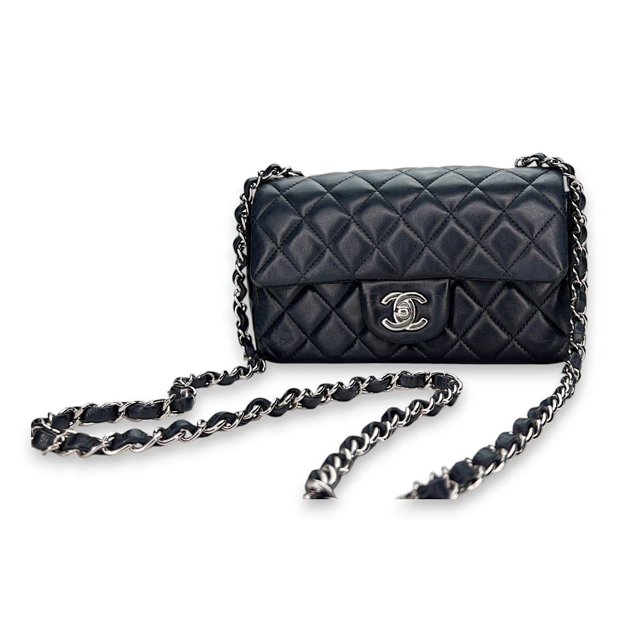 Classic Flap Mini Rectangle Navy Shoulder Bag in Lambskin, Silver hardware