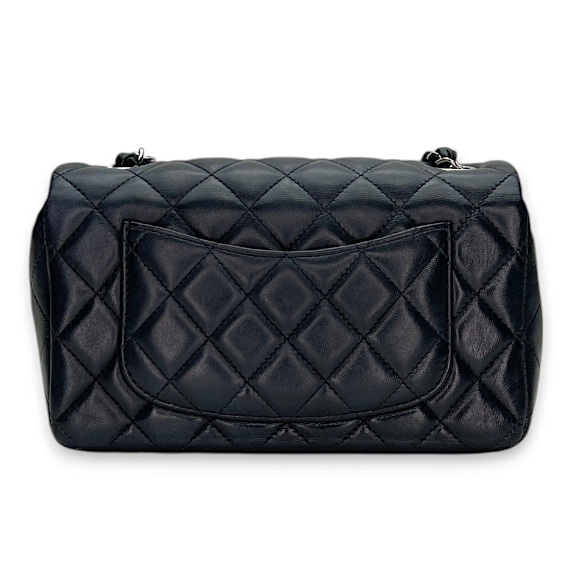 Classic Flap Mini Rectangle Navy Shoulder Bag in Lambskin, Silver hardware