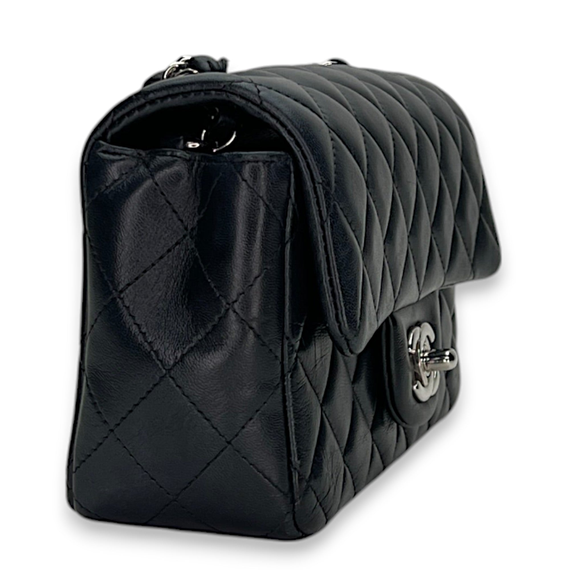 Classic Flap Mini Rectangle Navy Shoulder Bag in Lambskin, Silver hardware