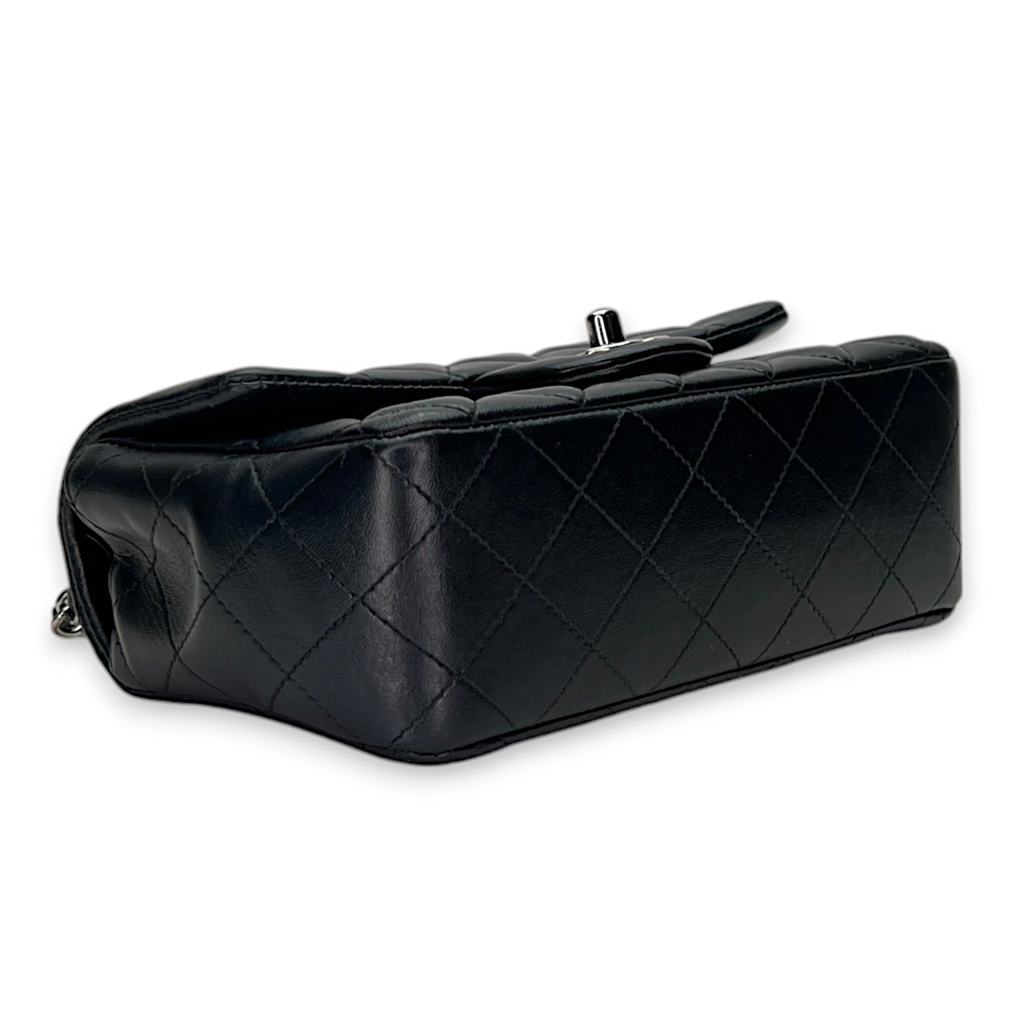 Classic Flap Mini Rectangle Navy Shoulder Bag in Lambskin, Silver hardware