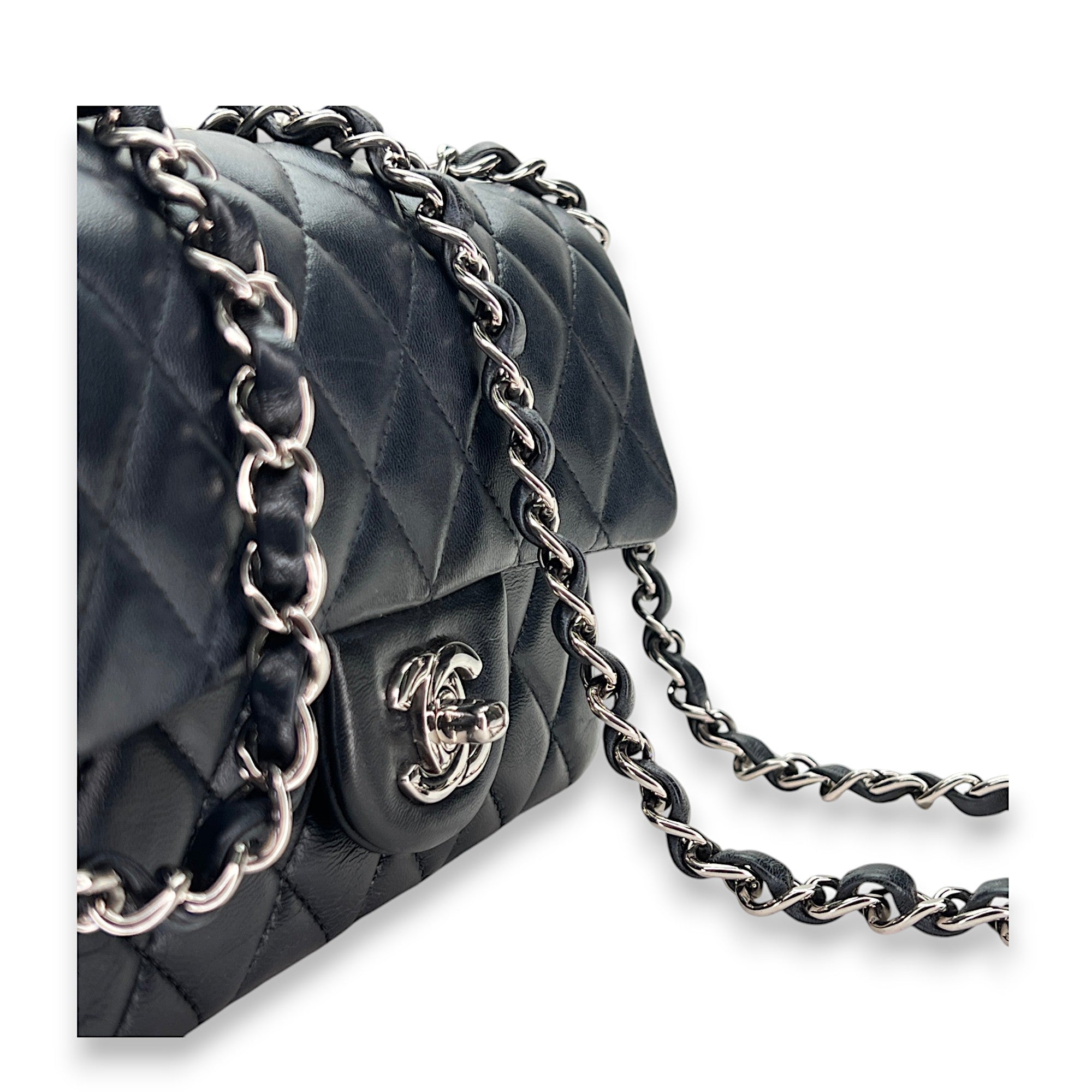 Classic Flap Mini Rectangle Navy Shoulder Bag in Lambskin, Silver hardware