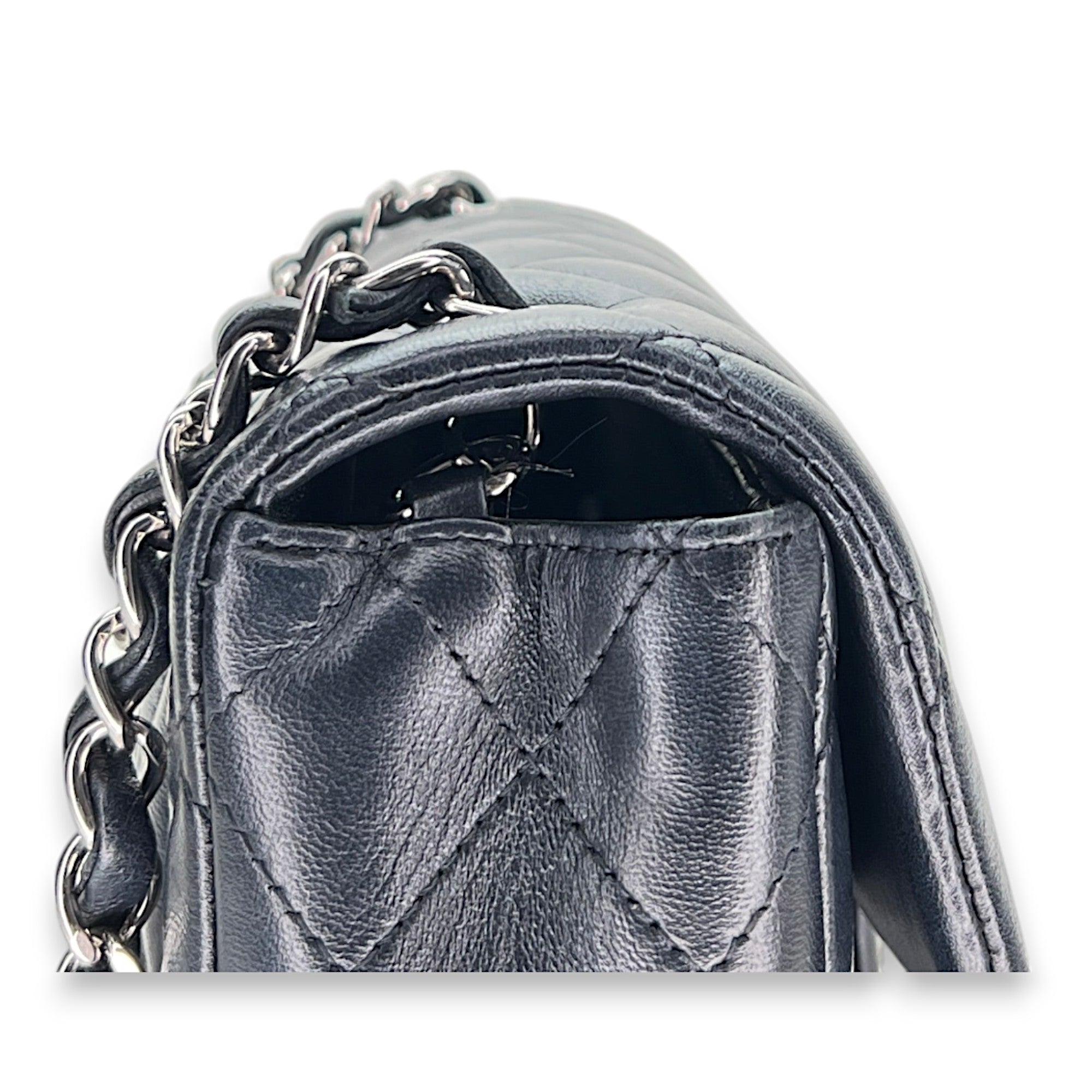 Classic Flap Mini Rectangle Navy Shoulder Bag in Lambskin, Silver hardware