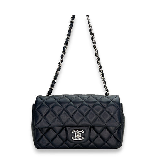 Classic Flap Mini Rectangle Navy Shoulder Bag in Lambskin, Silver hardware