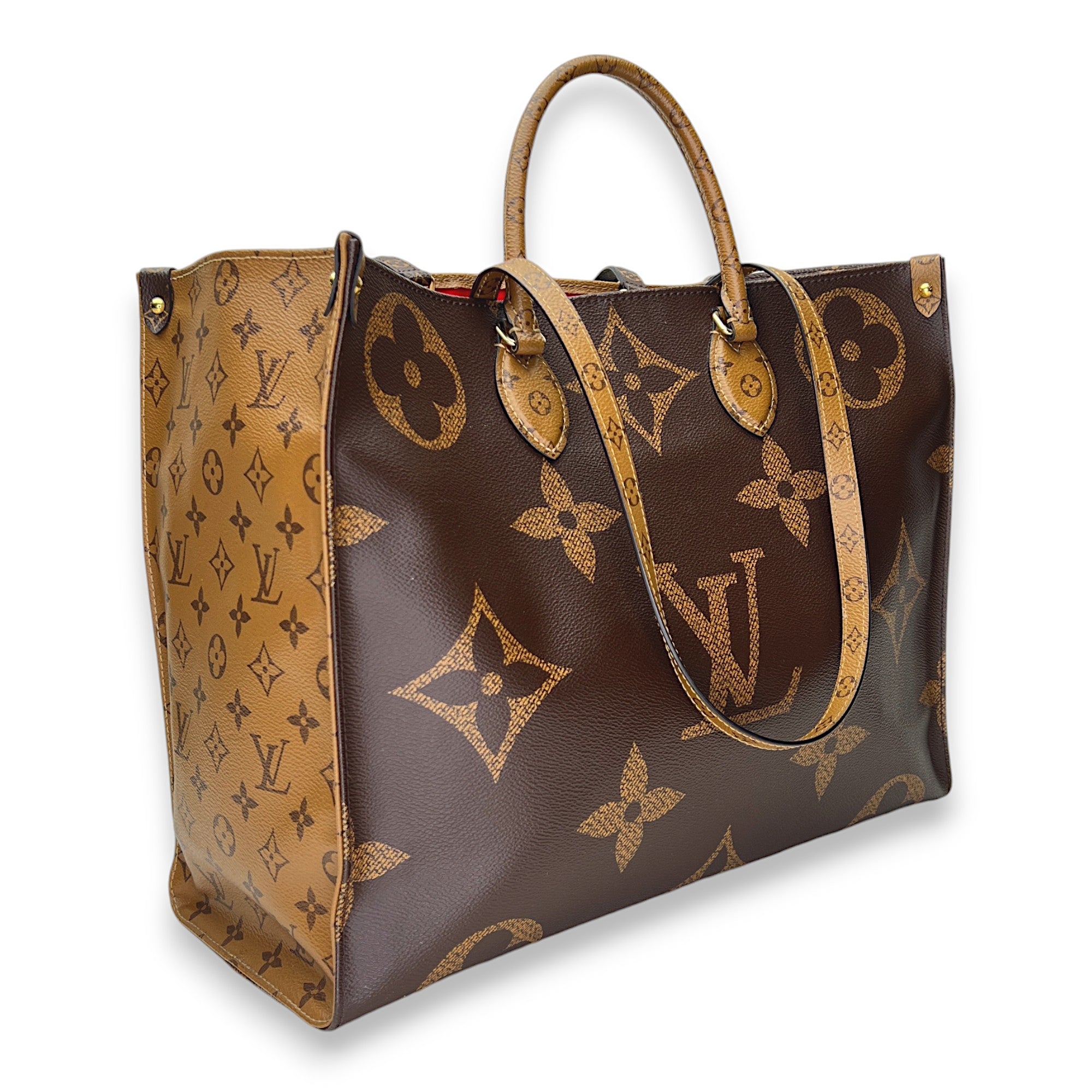 OnTheGo GM Brown Top Handle Bag in Monogram Coated Canvas, Gold hardware