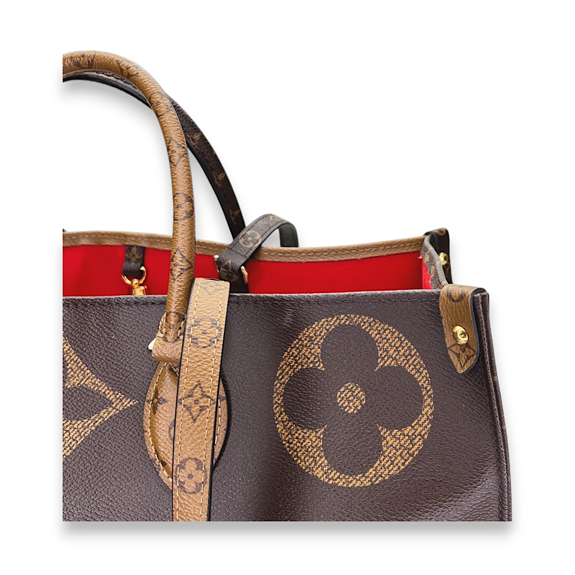 OnTheGo GM Brown Top Handle Bag in Monogram Coated Canvas, Gold hardware