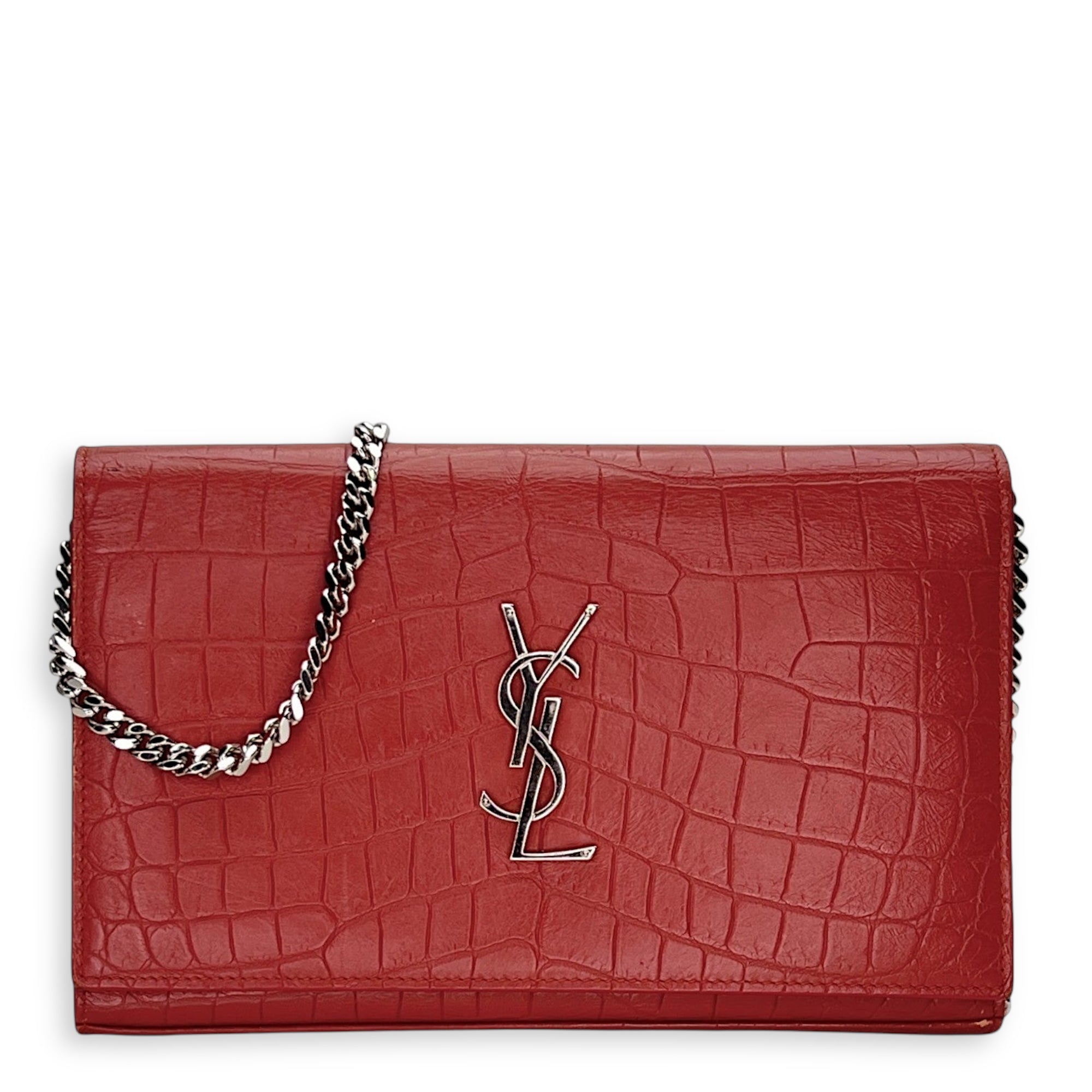 Kate Pink Wallet on Chain in Crocodile Embossed Calfskin, Gold hardware