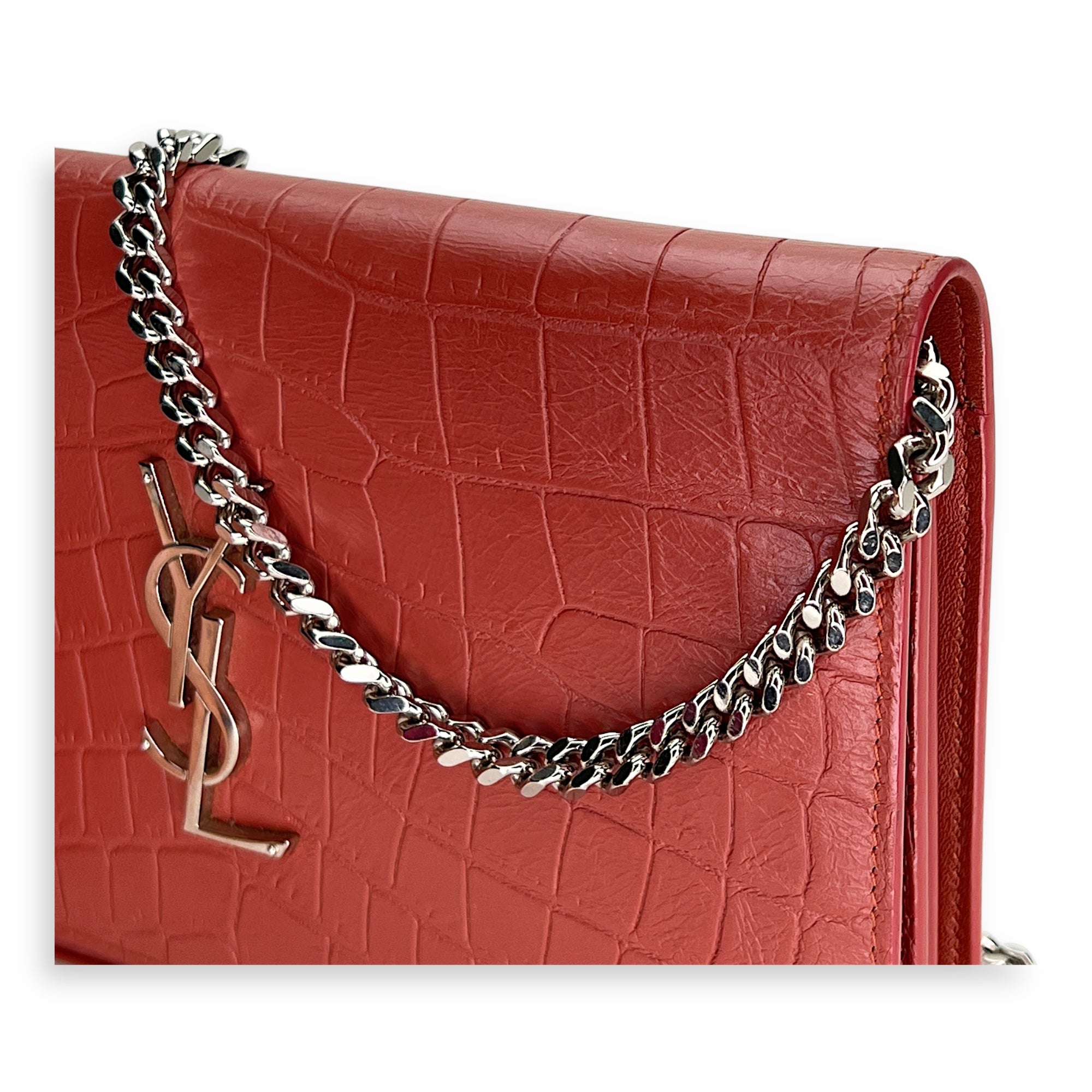 Kate Pink Wallet on Chain in Crocodile Embossed Calfskin, Gold hardware