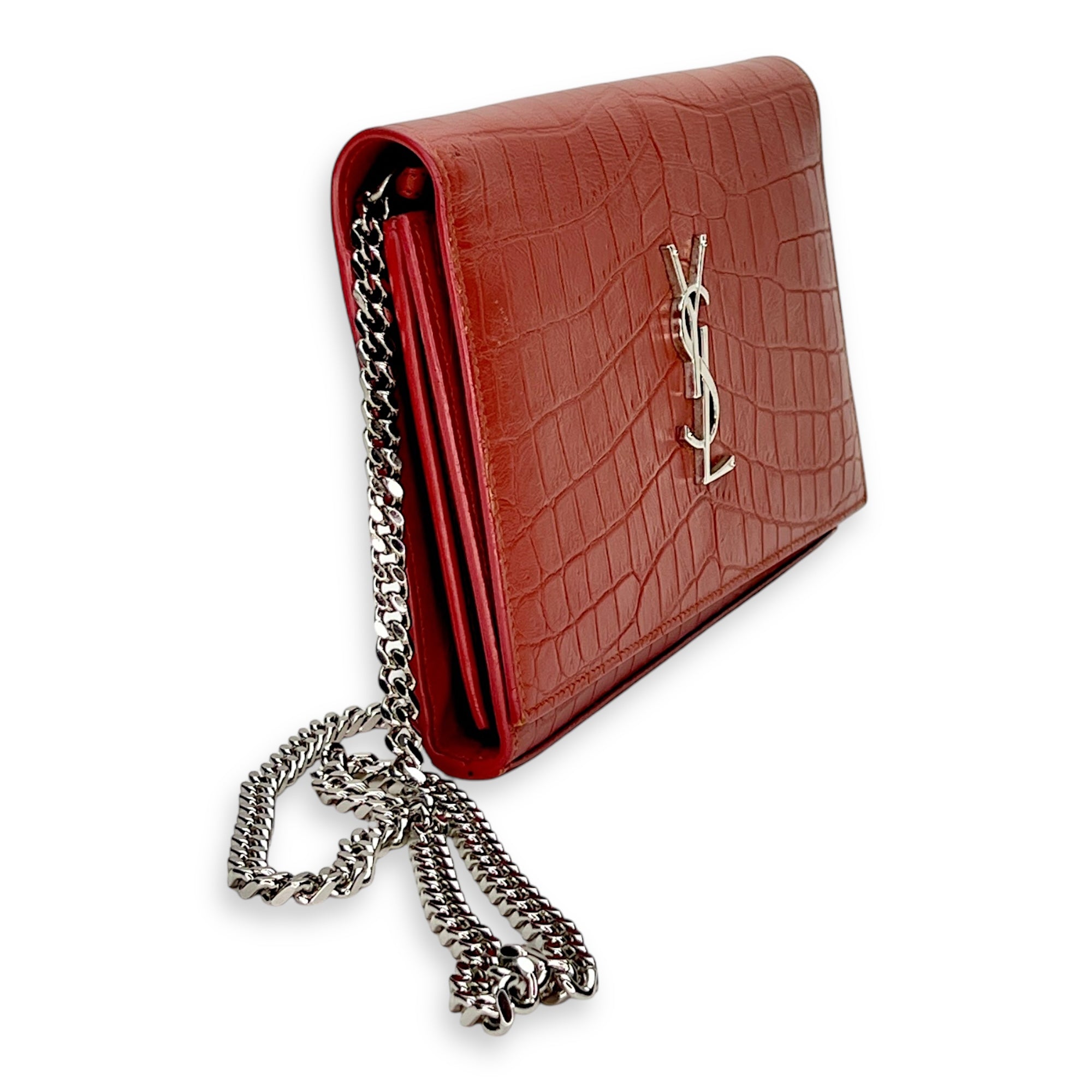 Kate Pink Wallet on Chain in Crocodile Embossed Calfskin, Gold hardware