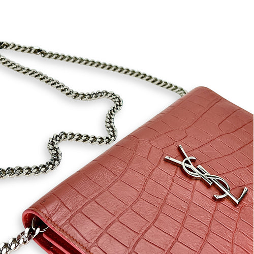 Kate Pink Wallet on Chain in Crocodile Embossed Calfskin, Gold hardware