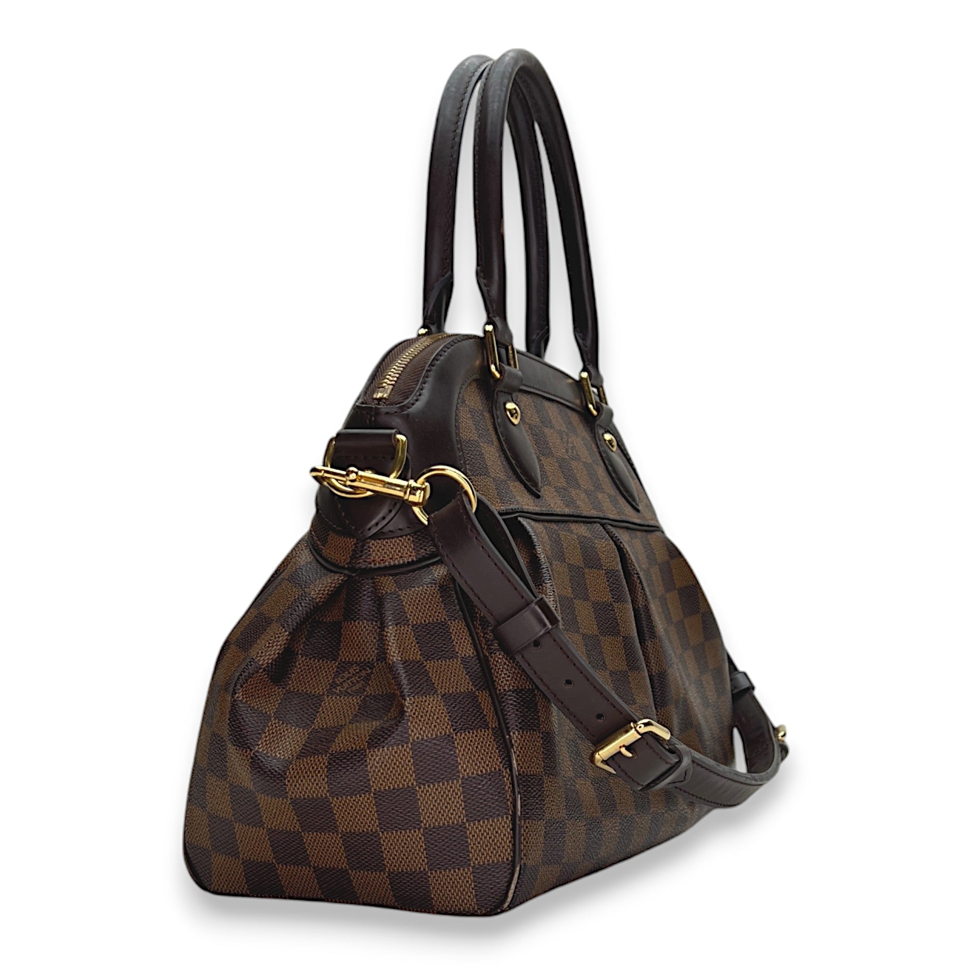 Trevi PM Brown Top Handle Bag in Coated Canvas, Gold hardware