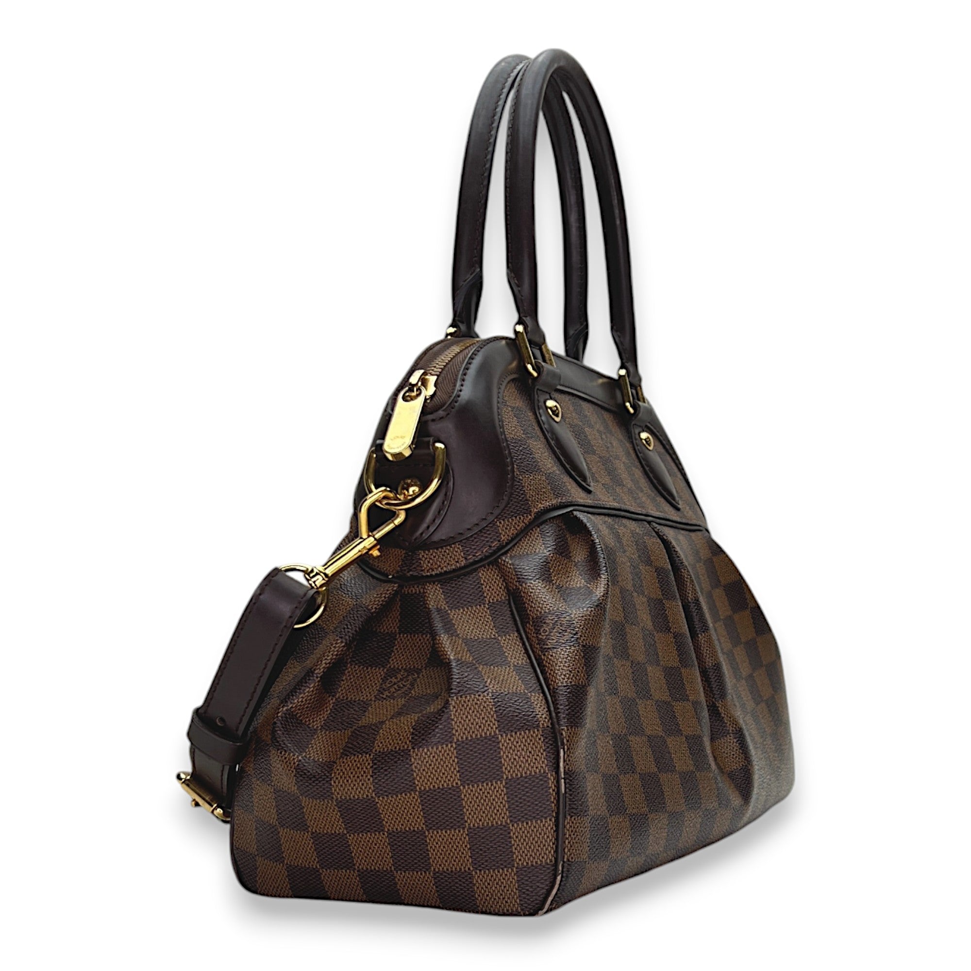 Trevi PM Brown Top Handle Bag in Coated Canvas, Gold hardware