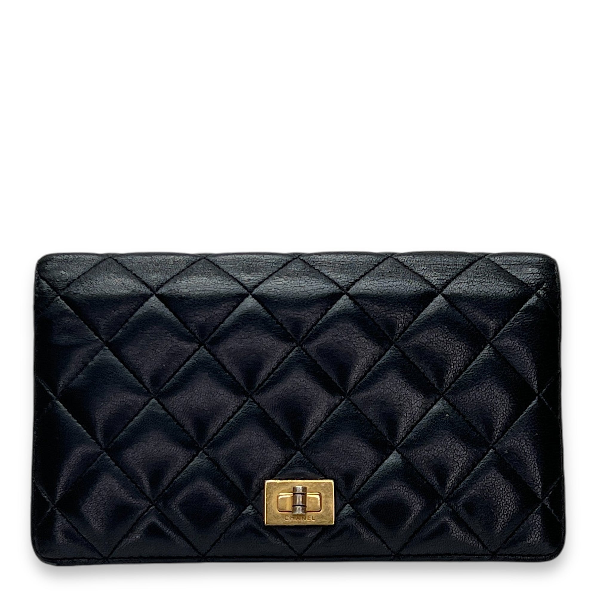 2.55 Long Flap Black Wallet in Calfskin, Gold hardware