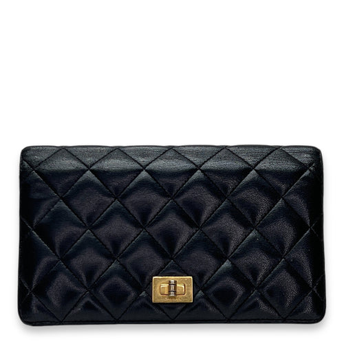 2.55 Long Flap Black Wallet in Calfskin, Gold hardware