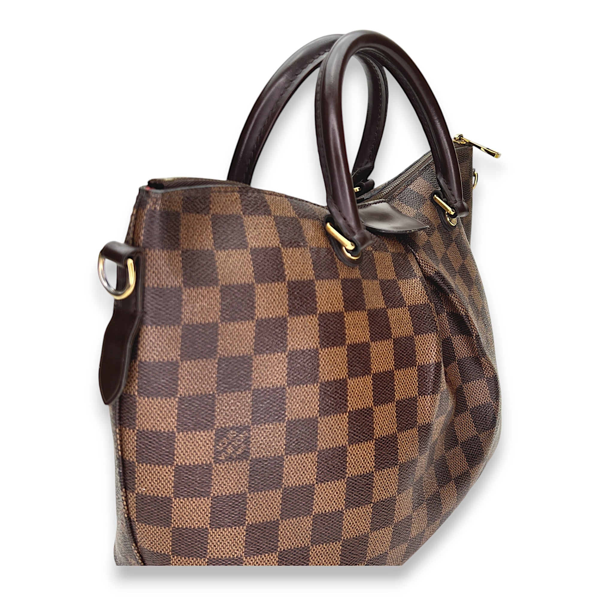 Siena Damier Ebene PM Brown Top Handle Bag in Coated Canvas, Gold hardware