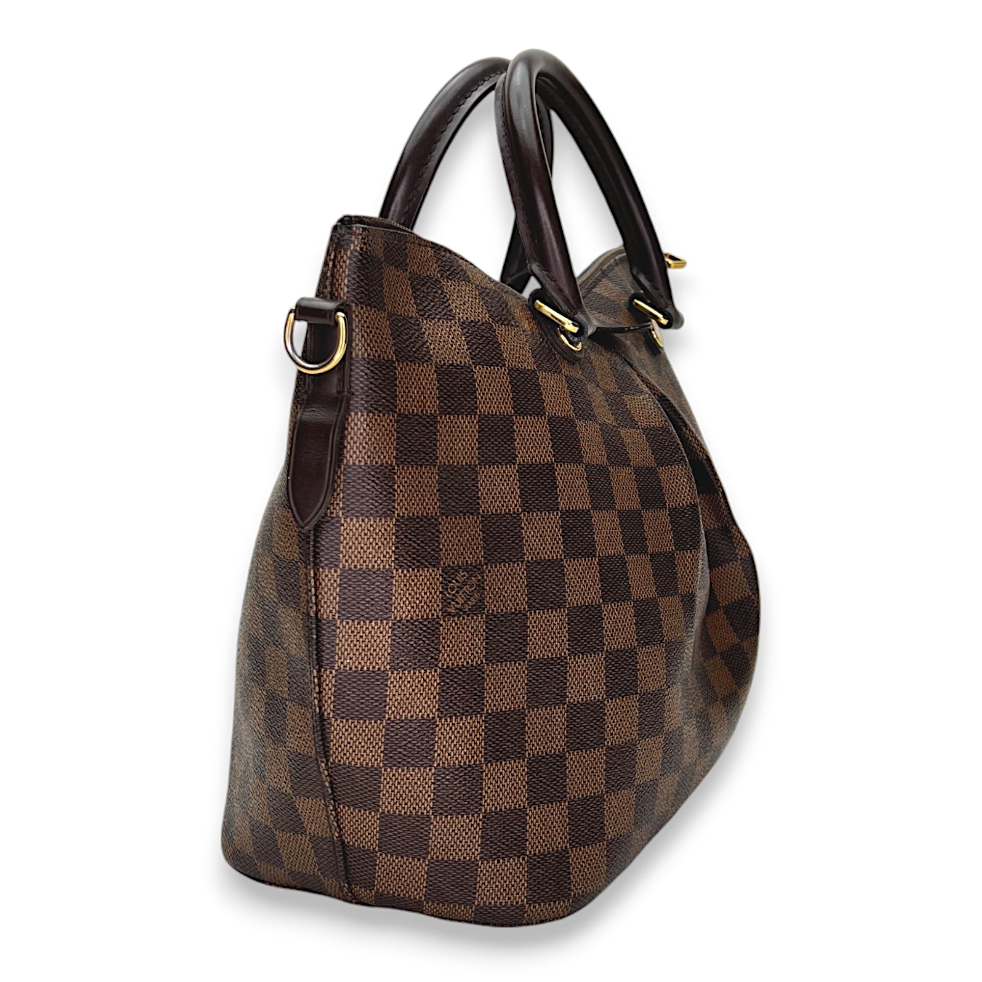 Siena Damier Ebene PM Brown Top Handle Bag in Coated Canvas, Gold hardware