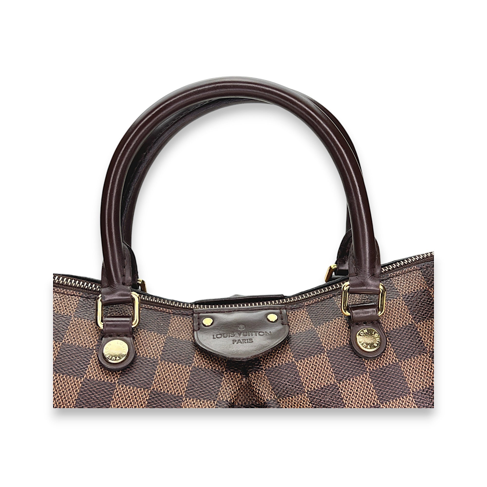 Siena Damier Ebene PM Brown Top Handle Bag in Coated Canvas, Gold hardware