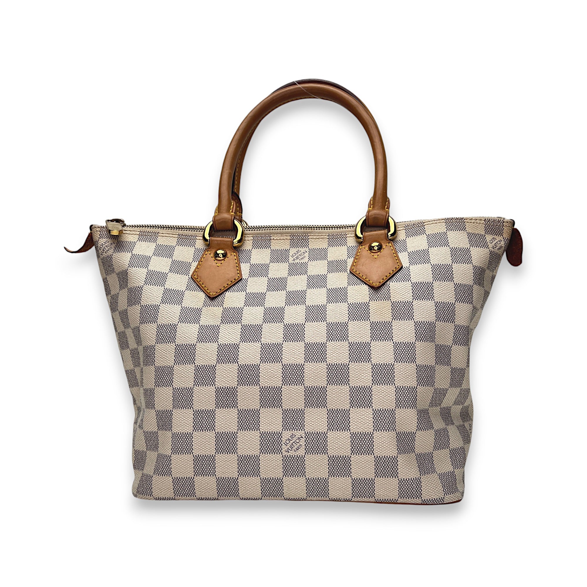 Saleya Damier Azur PM White Top Handle Bag in Coated Canvas, Gold hardware