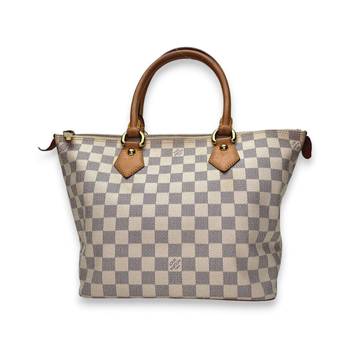 Saleya Damier Azur PM White Top Handle Bag in Coated Canvas, Gold hardware