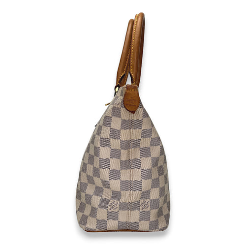 Saleya Damier Azur PM White Top Handle Bag in Coated Canvas, Gold hardware