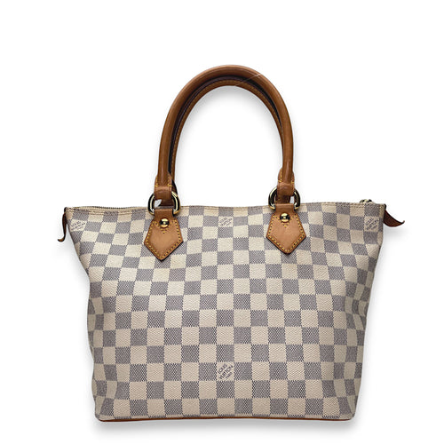 Saleya Damier Azur PM White Top Handle Bag in Coated Canvas, Gold hardware