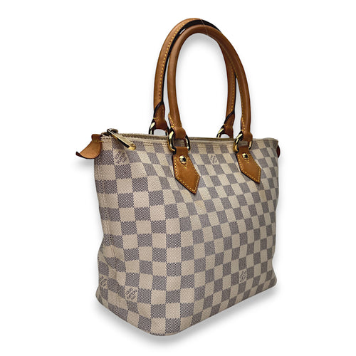 Saleya Damier Azur PM White Top Handle Bag in Coated Canvas, Gold hardware