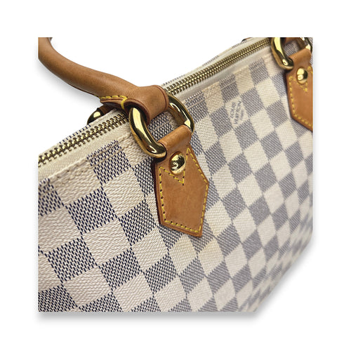 Saleya Damier Azur PM White Top Handle Bag in Coated Canvas, Gold hardware