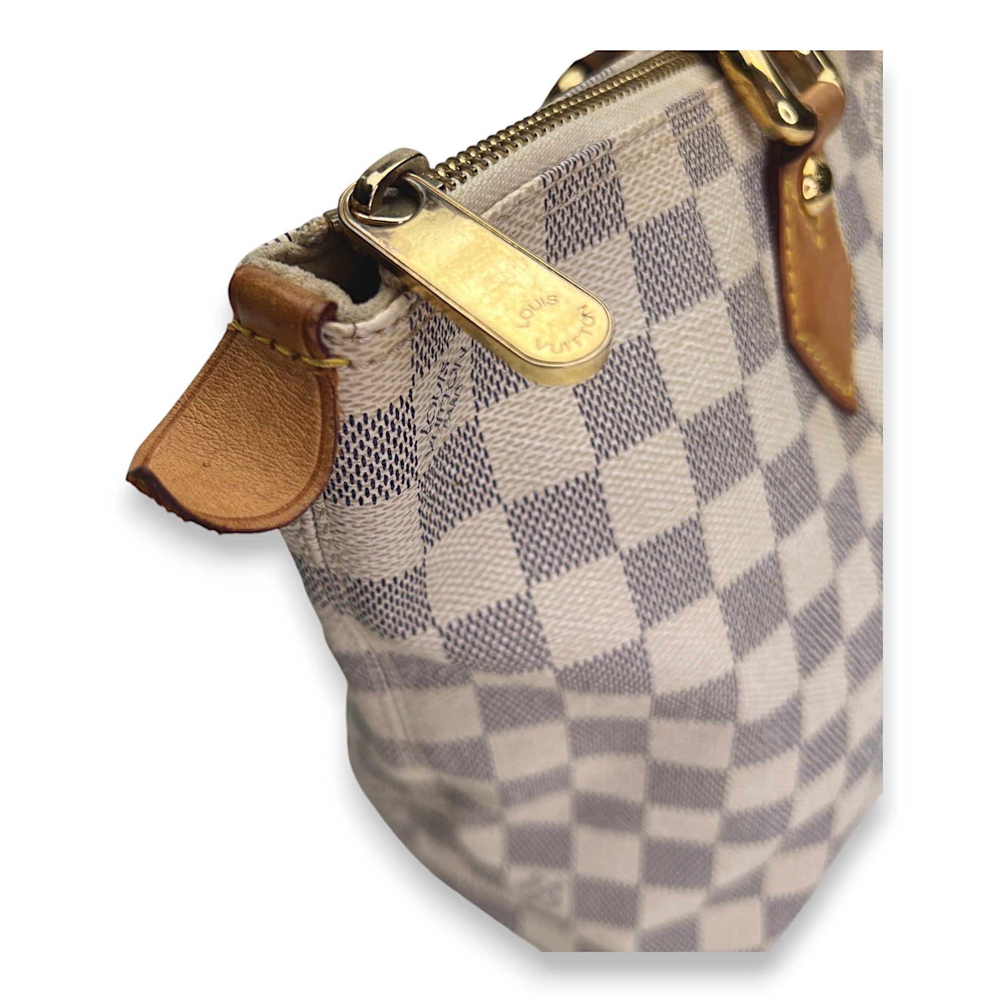 Saleya Damier Azur PM White Top Handle Bag in Coated Canvas, Gold hardware