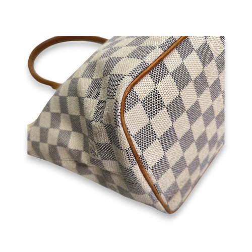 Saleya Damier Azur PM White Top Handle Bag in Coated Canvas, Gold hardware