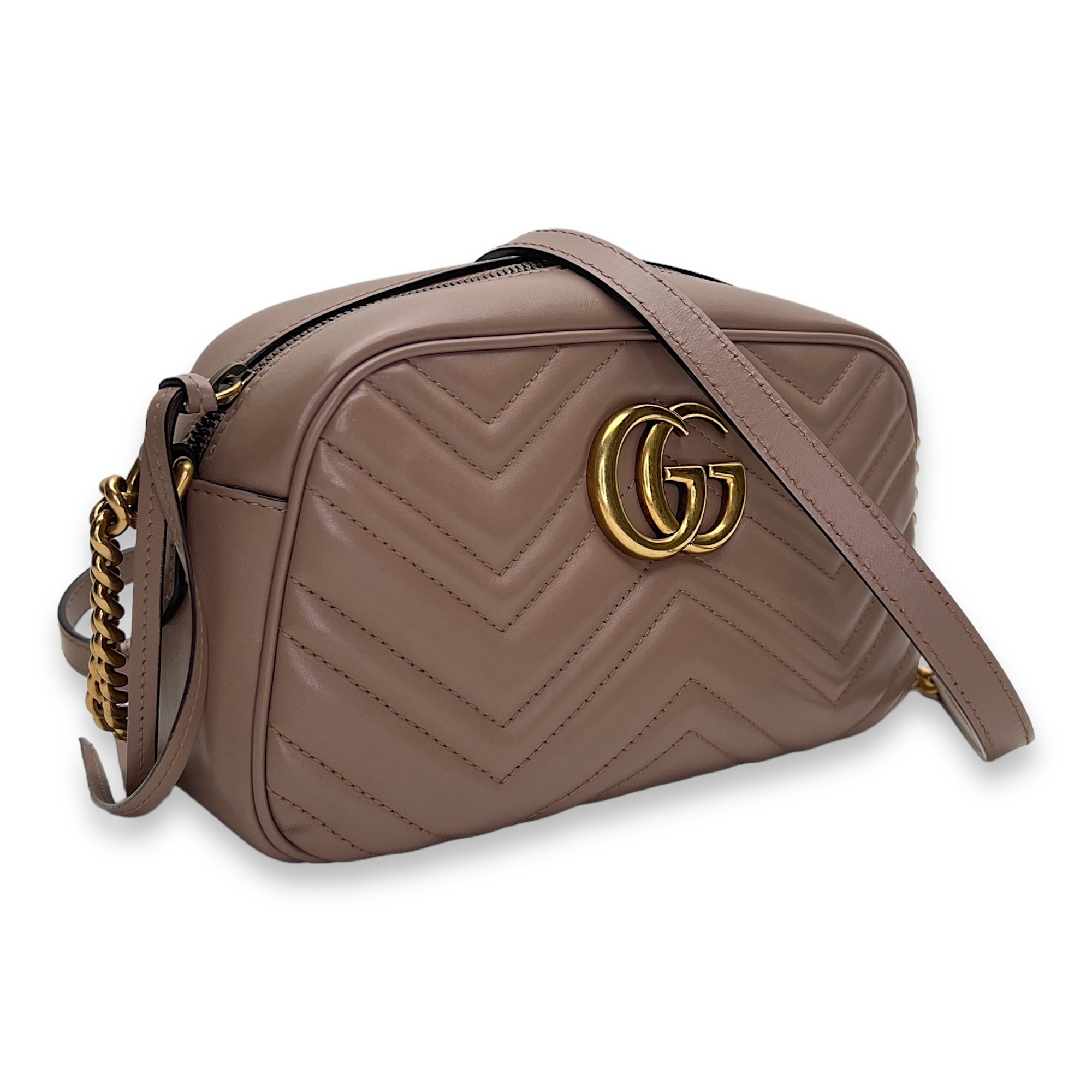 GG Marmont Small Beige Crossbody Bag in Calfskin, Gold hardware