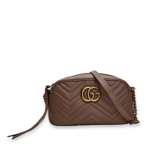 GG Marmont Small Beige Crossbody Bag in Calfskin, Gold hardware