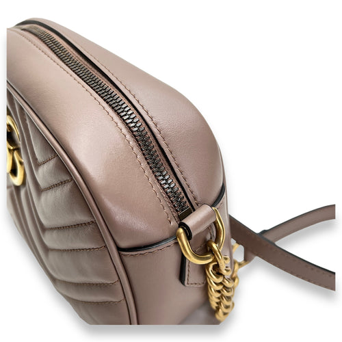 GG Marmont Small Beige Crossbody Bag in Calfskin, Gold hardware