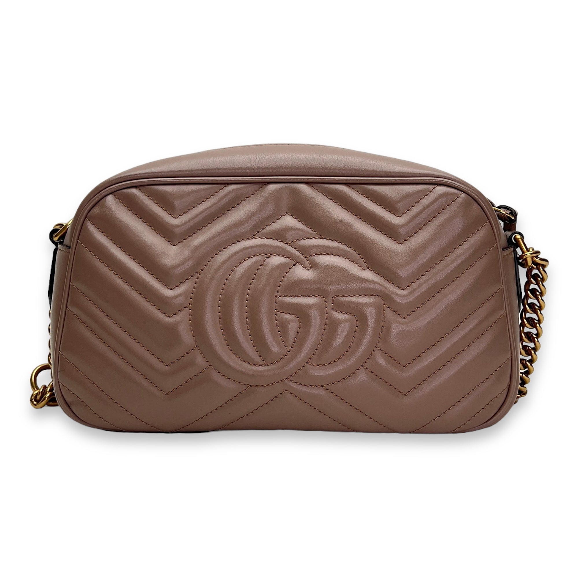 GG Marmont Small Beige Crossbody Bag in Calfskin, Gold hardware