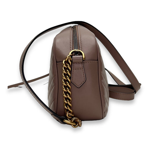 GG Marmont Small Beige Crossbody Bag in Calfskin, Gold hardware