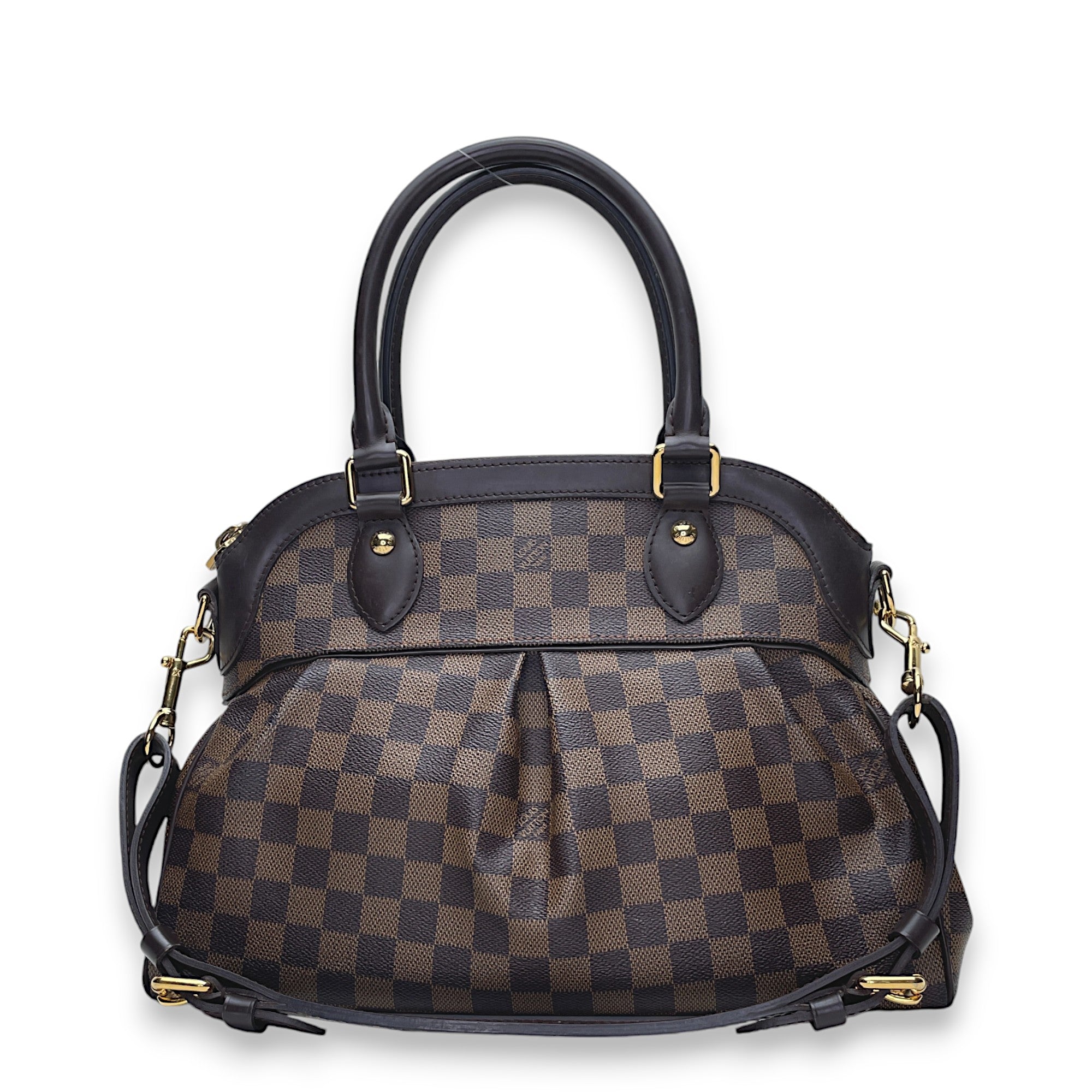 Trevi Damier Ebene PM Brown Top Handle Bag in Coated Canvas, Gold hardware