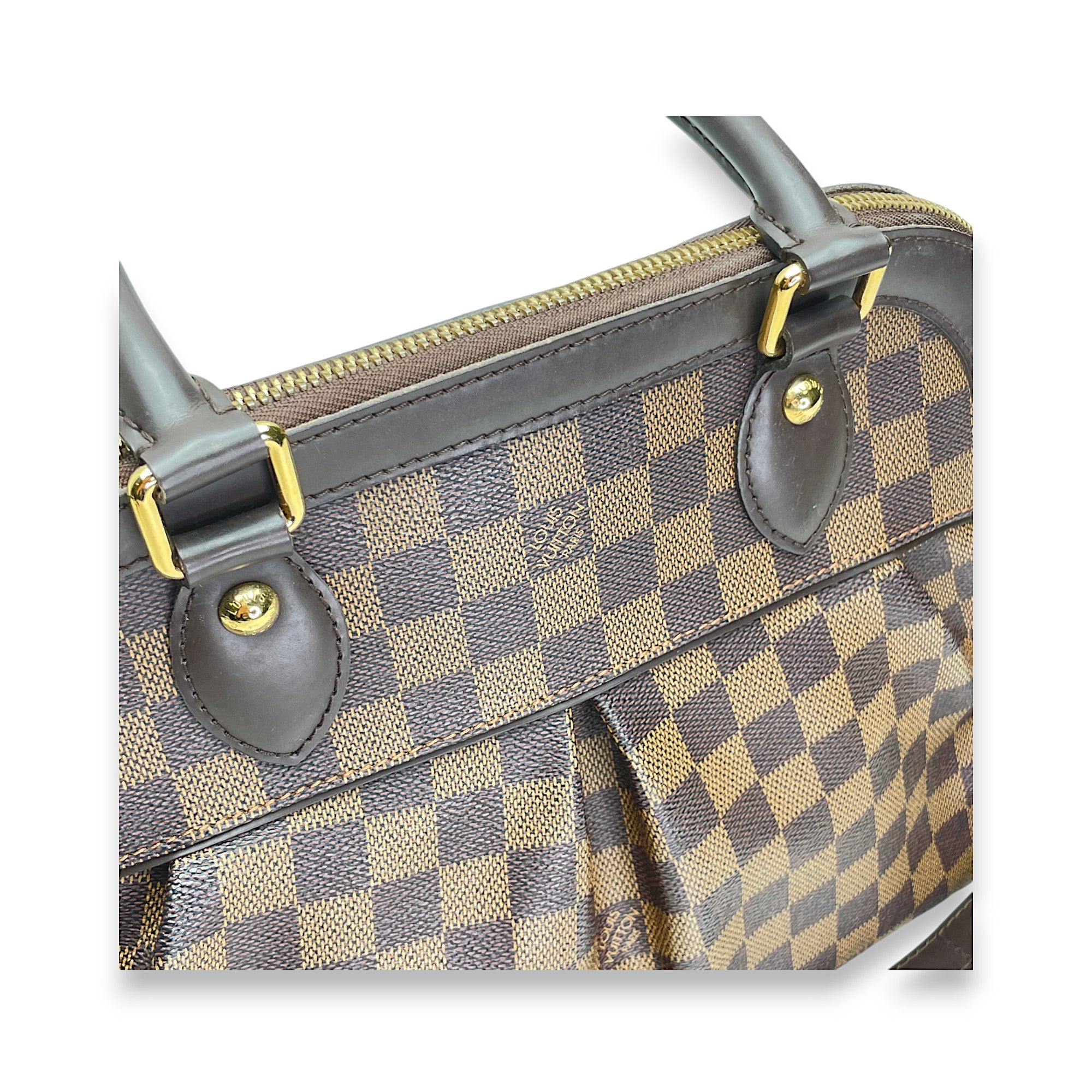 Trevi Damier Ebene PM Brown Top Handle Bag in Coated Canvas, Gold hardware