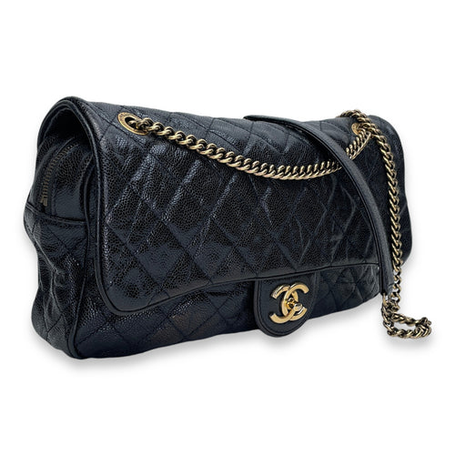 Easy Flap Black Shoulder Bag in Caviar Leather, Gold hardware