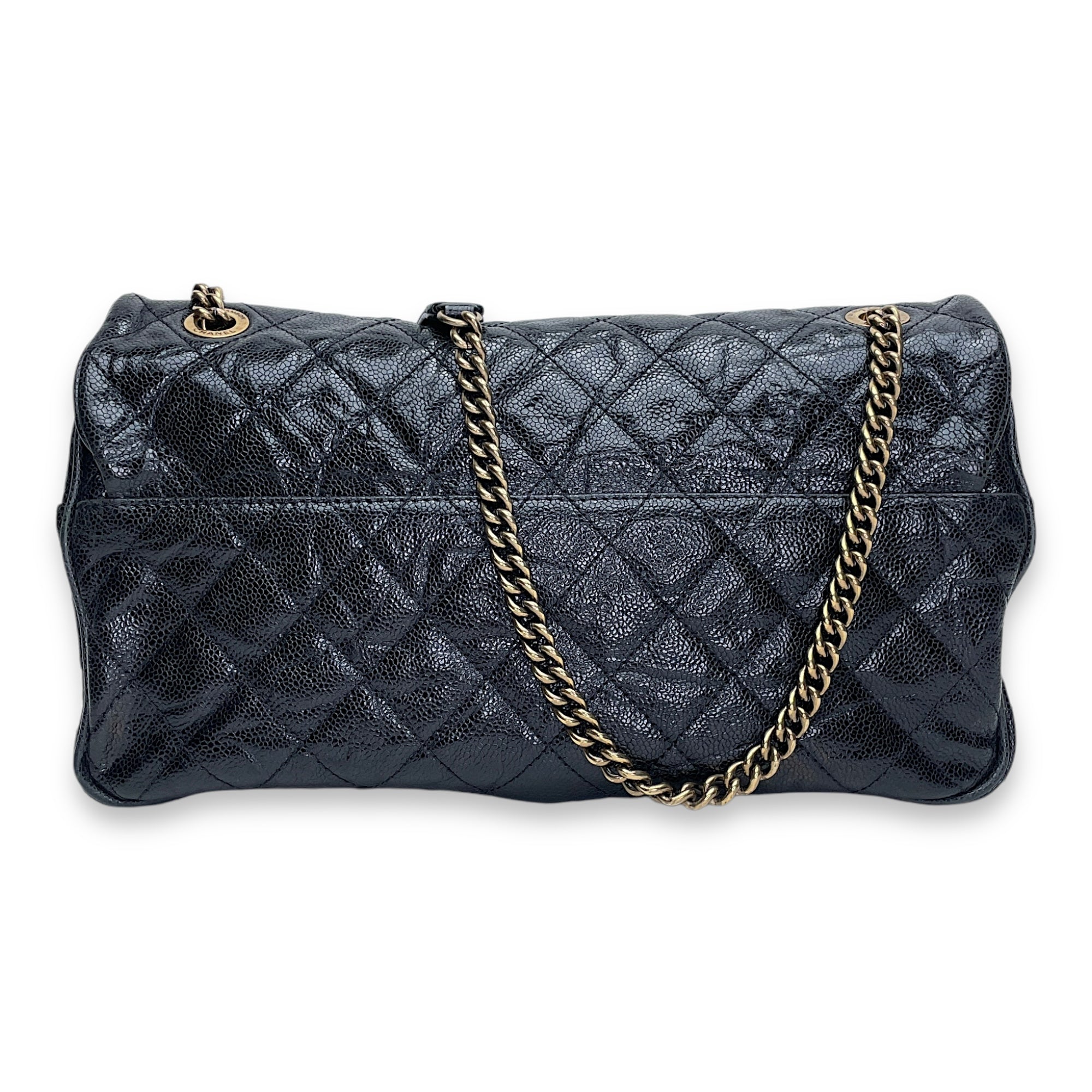 Easy Flap Black Shoulder Bag in Caviar Leather, Gold hardware